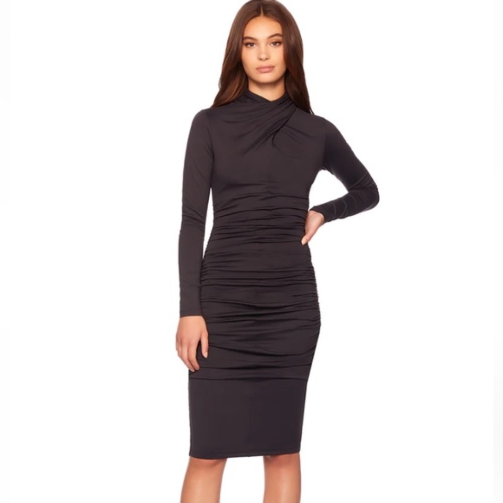 Susana Monaco CRISSCROSS MOCK-NECK RUCHED BODYCON DRESS IN BLACK